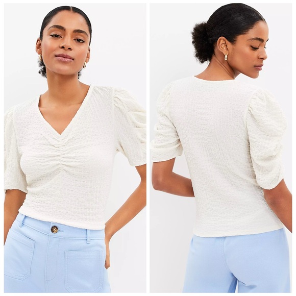 LOFT NWT XL Crinkle Pleated Sleeve Top in Sakura • Coral Pink Textured Blouse - Picture 9 of 12